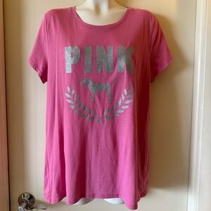 Victoria Secret PINK Silver Glitter Dahlia Dog Short Sleeve Tee / T Shirt Top.